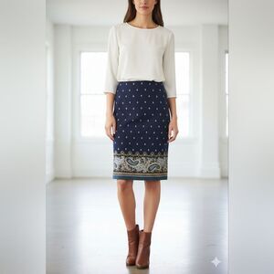 Linda Matthews Blue Printed Pull-On Knee Length Pencil Skirt Size Small 🐈